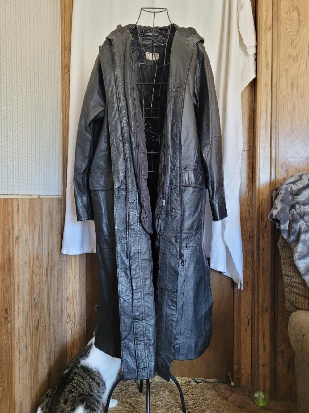 Vintage Venezia Vitale 100% Leather Black Long Hooded Trench Coat Size 16 W